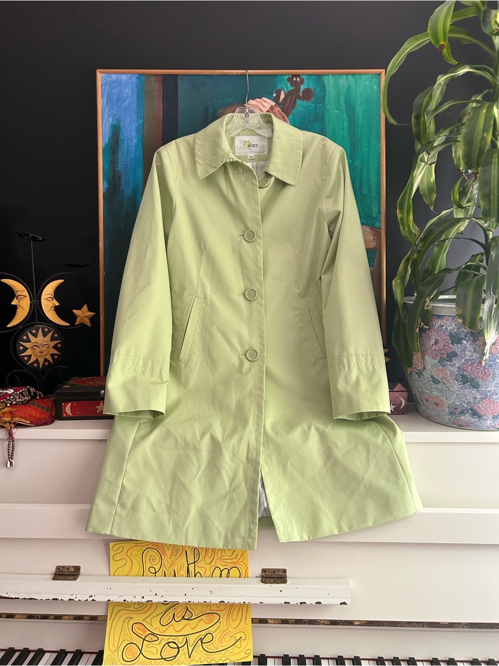 Roxy Women’s M Light Green Trench Coat Y2K Button Front Spring Jacket